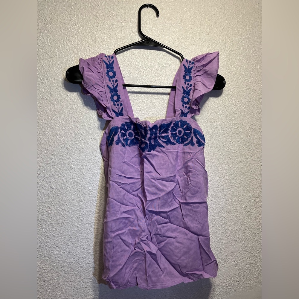 Purple Sleeveless Top with Blue Embroidery